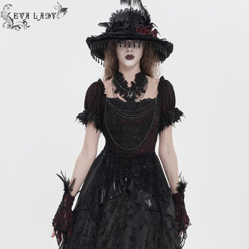 EVA LADY Women's Gothic Embroidered Chained Off Shoulder Shirt Black-Red