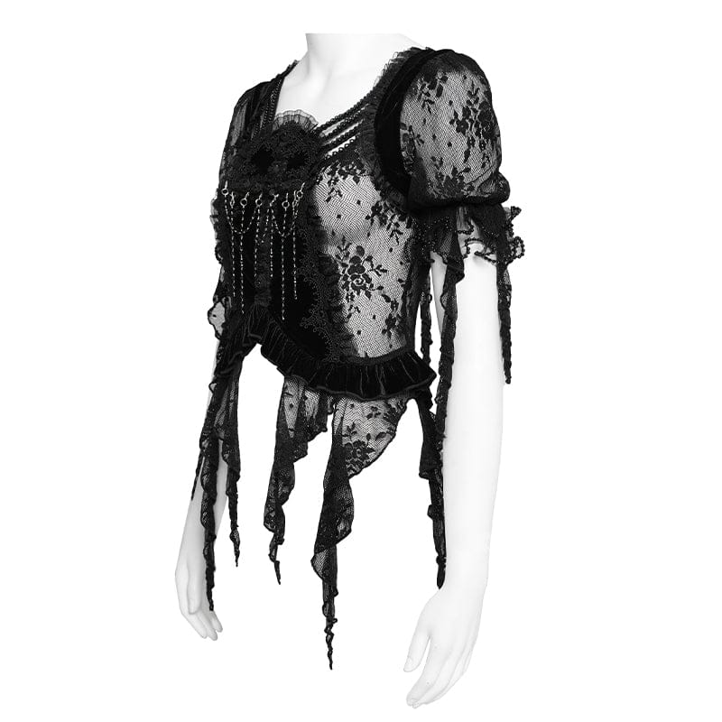 EVA LADY Women's Gothic Embroidered Cross Chained Lace Top Black
