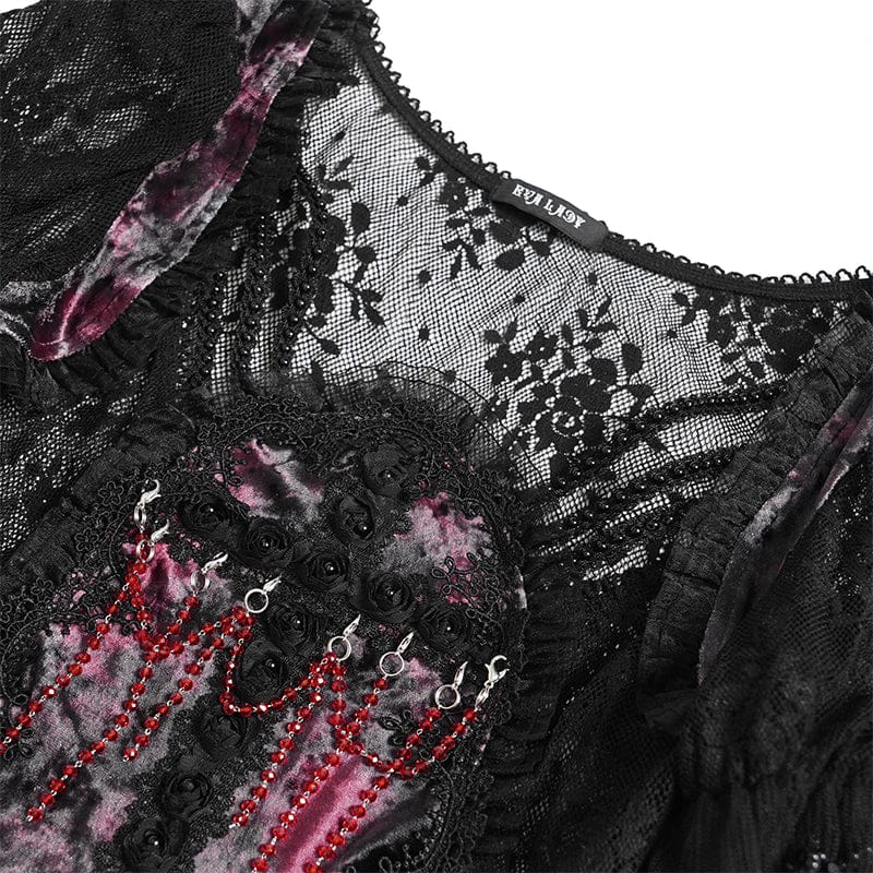 EVA LADY Women's Gothic Embroidered Cross Chained Lace Top Black-Red