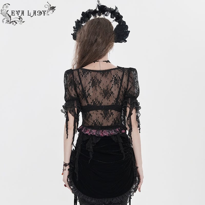 EVA LADY Women's Gothic Embroidered Cross Chained Lace Top Black-Red