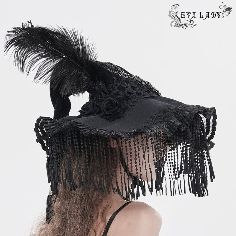 EVA LADY Women's Gothic Embroidered Feather Tassels Witch Hat