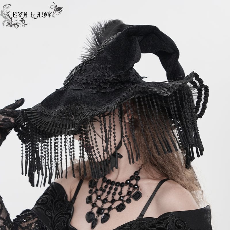 EVA LADY Women's Gothic Embroidered Feather Tassels Witch Hat