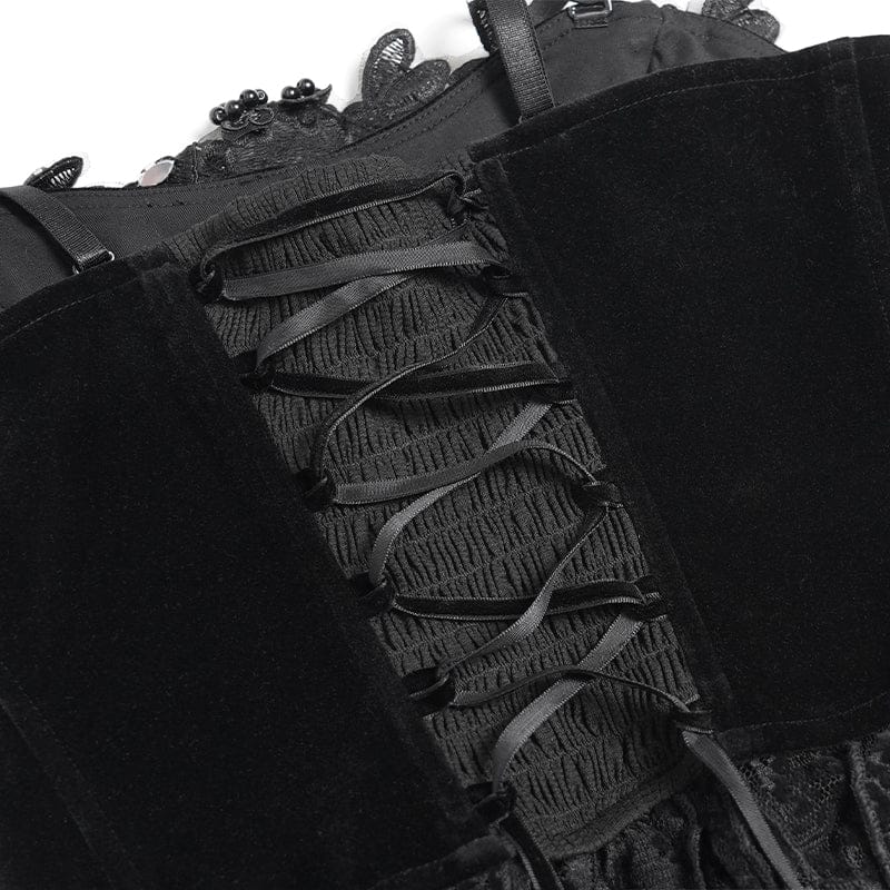 EVA LADY Women's Gothic Embroidered Tassels Lace-up Overbust Corset Black