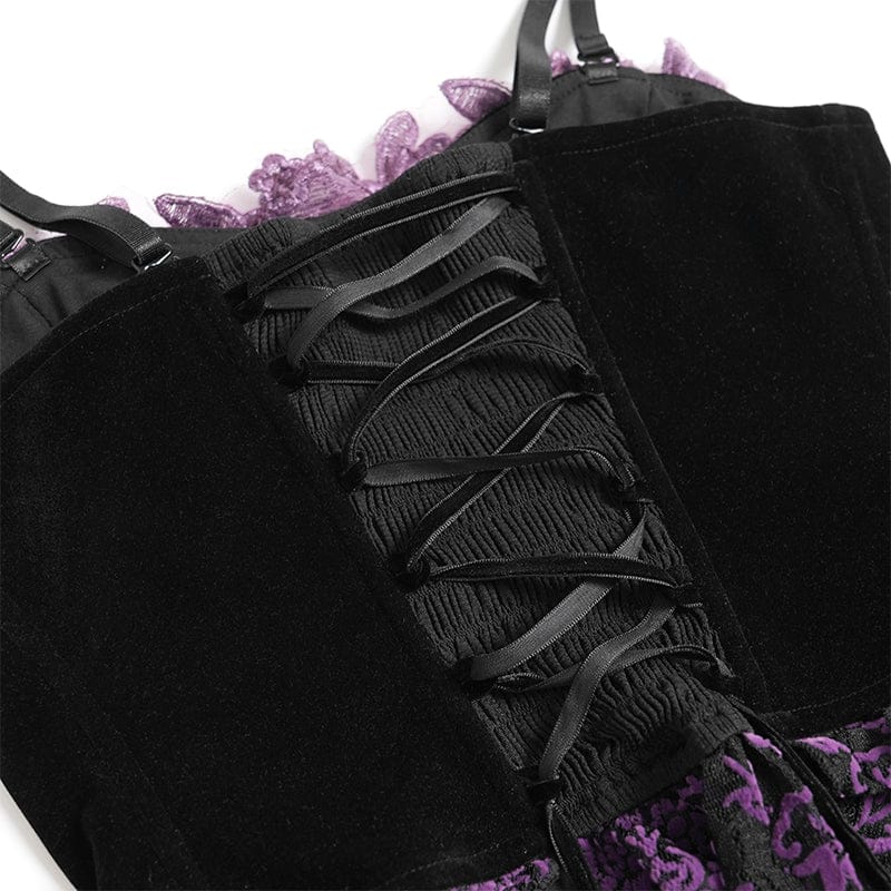 EVA LADY Women's Gothic Embroidered Tassels Lace-up Overbust Corset Black-Purple