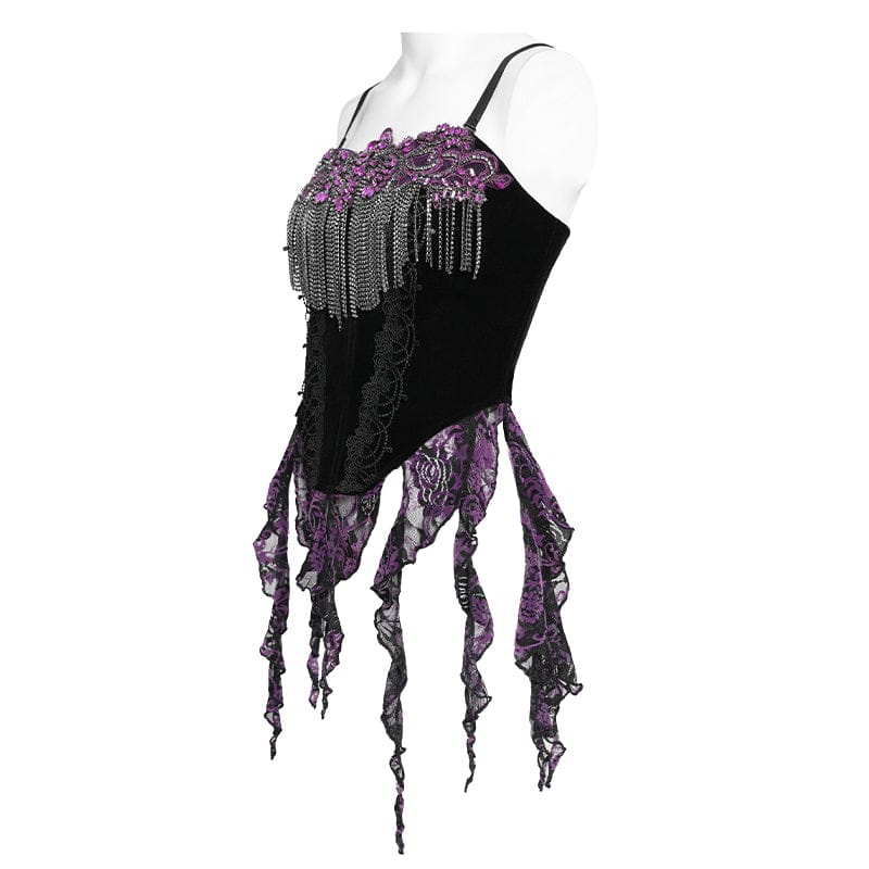 EVA LADY Women's Gothic Embroidered Tassels Lace-up Overbust Corset Black-Purple