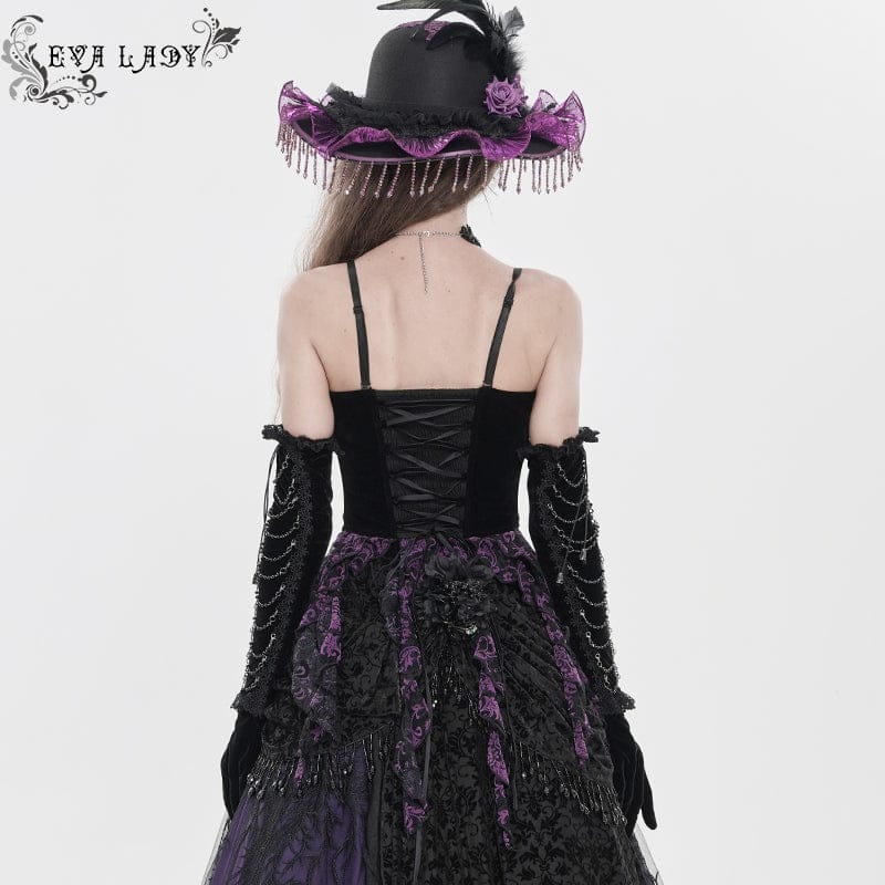 EVA LADY Women's Gothic Embroidered Tassels Lace-up Overbust Corset Black-Purple