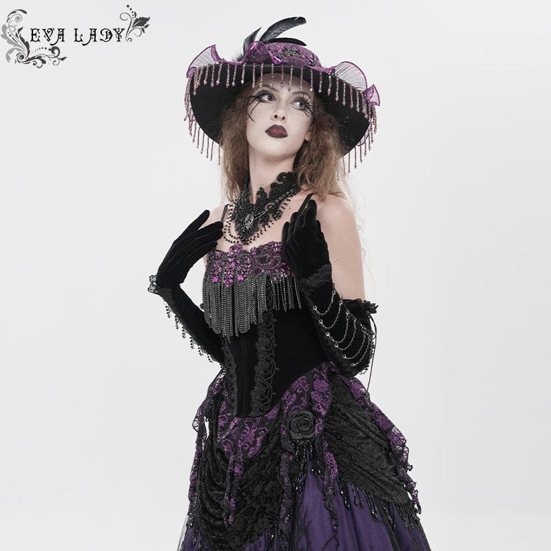 EVA LADY Women's Gothic Embroidered Tassels Lace-up Overbust Corset Black-Purple