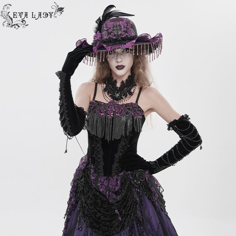 EVA LADY Women's Gothic Embroidered Tassels Lace-up Overbust Corset Black-Purple