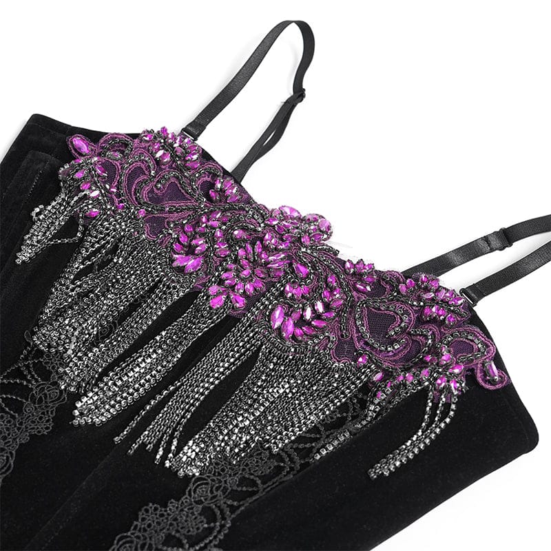 EVA LADY Women's Gothic Embroidered Tassels Lace-up Overbust Corset Black-Purple