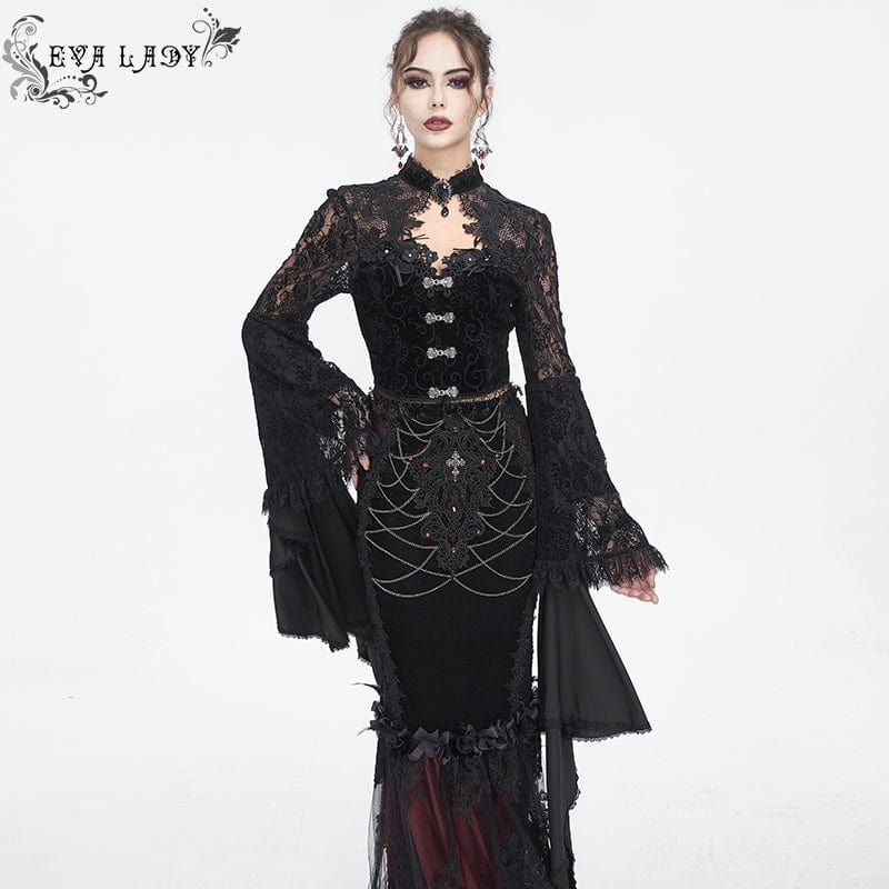 EVA LADY Women's Gothic Flared Sleeved Lace Splice Shirt