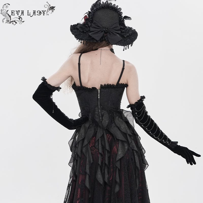 EVA LADY Women's Gothic Floral Beaded Ruffled Streamer Overbust Corset