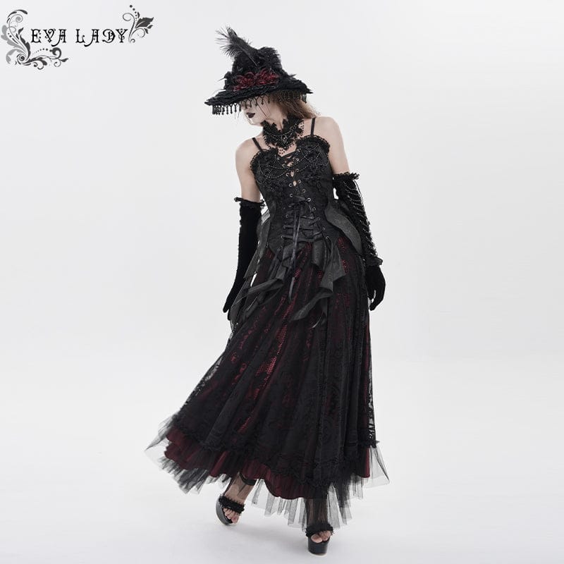 EVA LADY Women's Gothic Floral Beaded Ruffled Streamer Overbust Corset