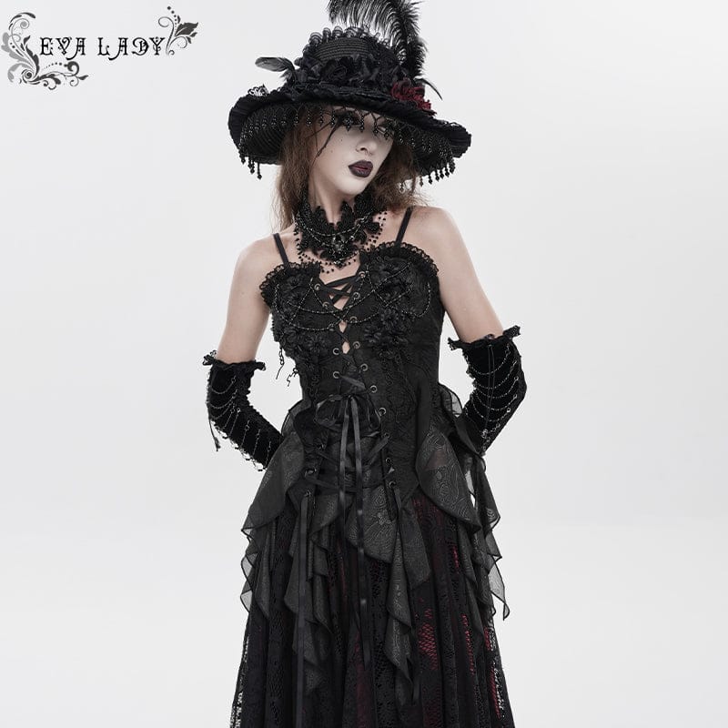 EVA LADY Women's Gothic Floral Beaded Ruffled Streamer Overbust Corset