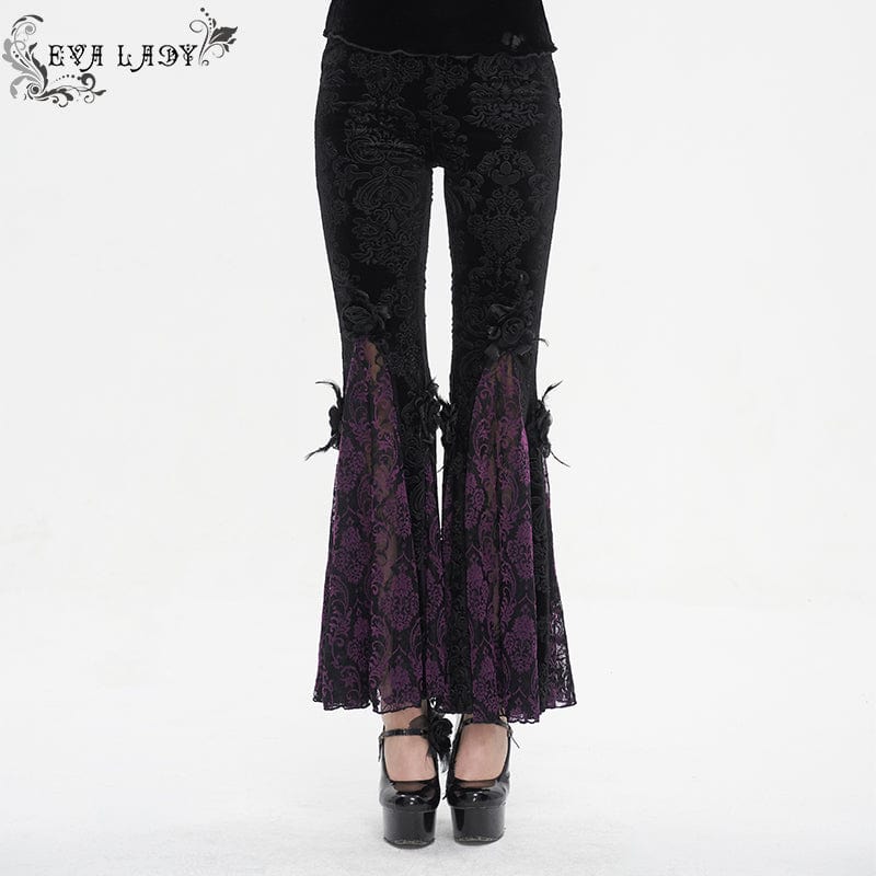 EVA LADY Women's Gothic Floral Embossed Lace Splice Flared Leggings