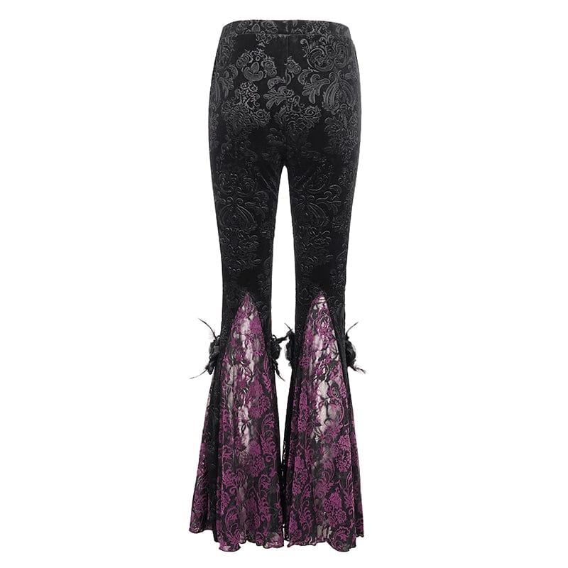 EVA LADY Women's Gothic Floral Embossed Lace Splice Flared Leggings