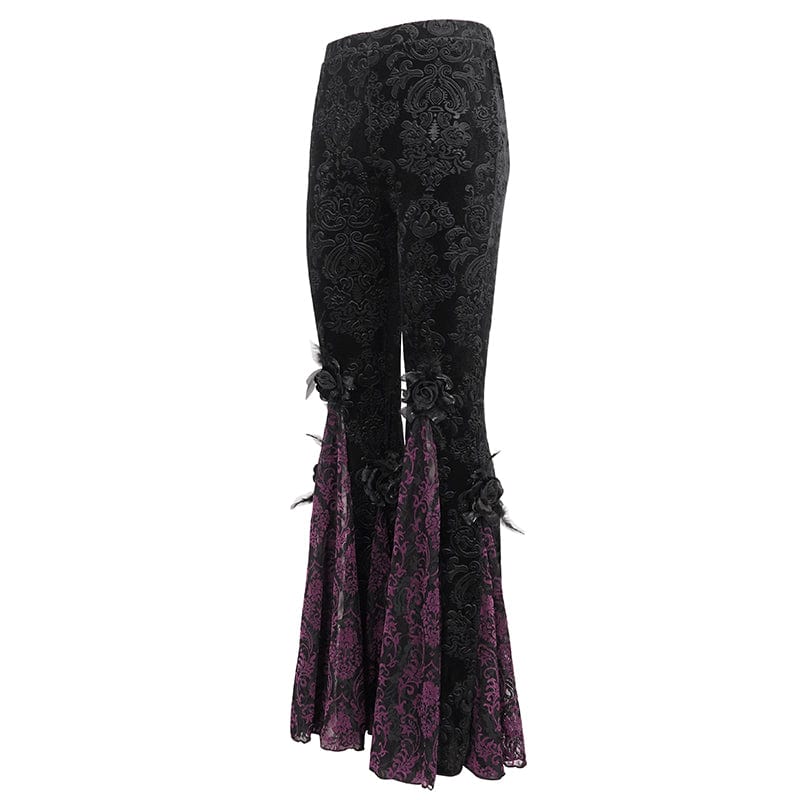 EVA LADY Women's Gothic Floral Embossed Lace Splice Flared Leggings