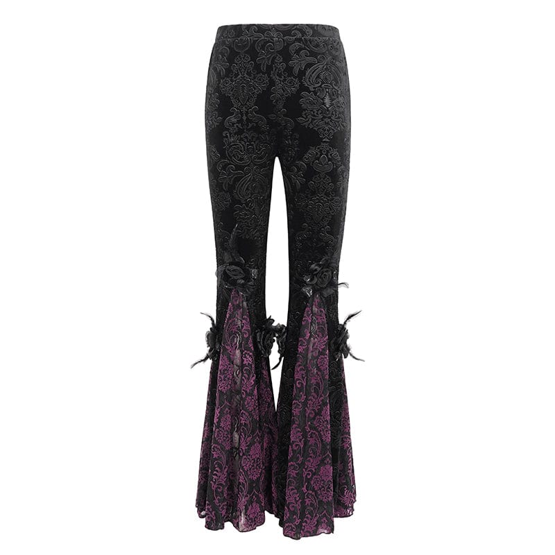 EVA LADY Women's Gothic Floral Embossed Lace Splice Flared Leggings