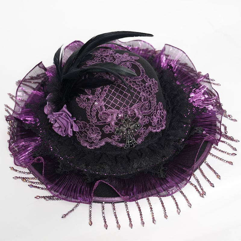 EVA LADY Women's Gothic Floral Embroidered Feather Tassels Hat