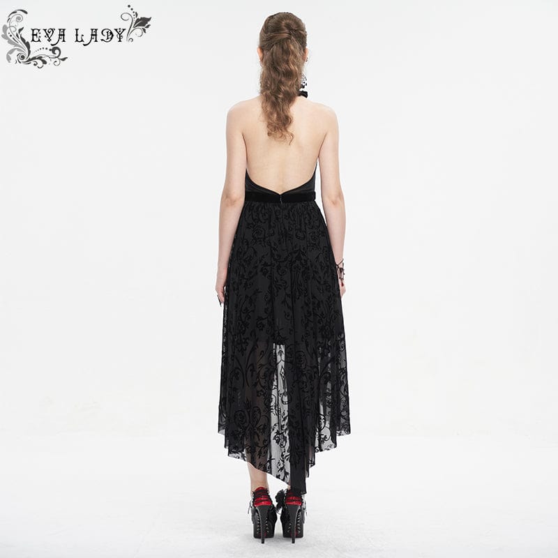 EVA LADY Women's Gothic Floral Embroidered Halterneck Mesh Dress