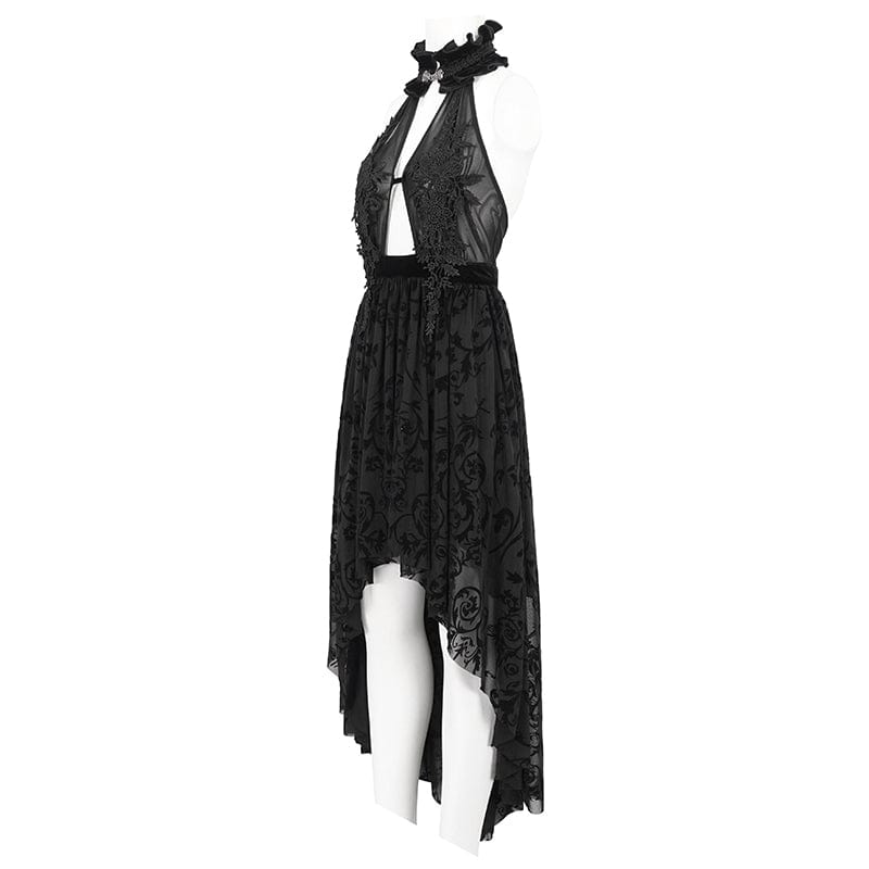 EVA LADY Women's Gothic Floral Embroidered Halterneck Mesh Dress