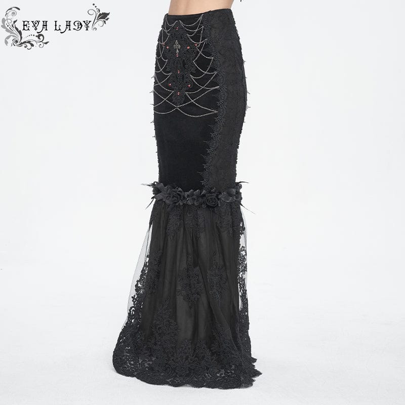 EVA LADY Women's Gothic Floral Embroidered Lace Splice Black Fishtail Skirt