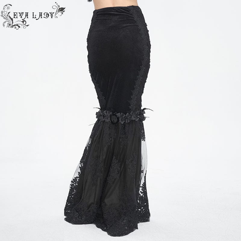 EVA LADY Women's Gothic Floral Embroidered Lace Splice Black Fishtail Skirt
