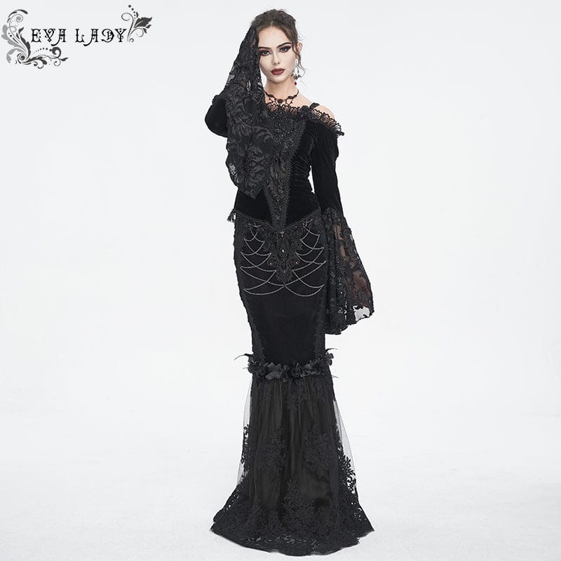 EVA LADY Women's Gothic Floral Embroidered Lace Splice Black Fishtail Skirt