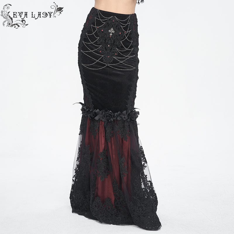EVA LADY Women's Gothic Floral Embroidered Lace Splice Red Fishtail Skirt