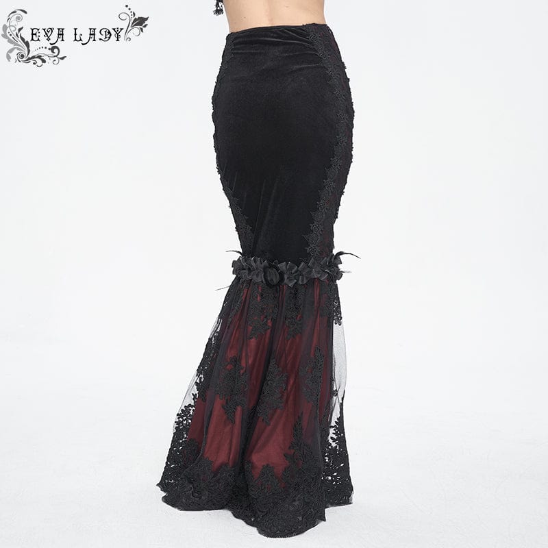 EVA LADY Women's Gothic Floral Embroidered Lace Splice Red Fishtail Skirt