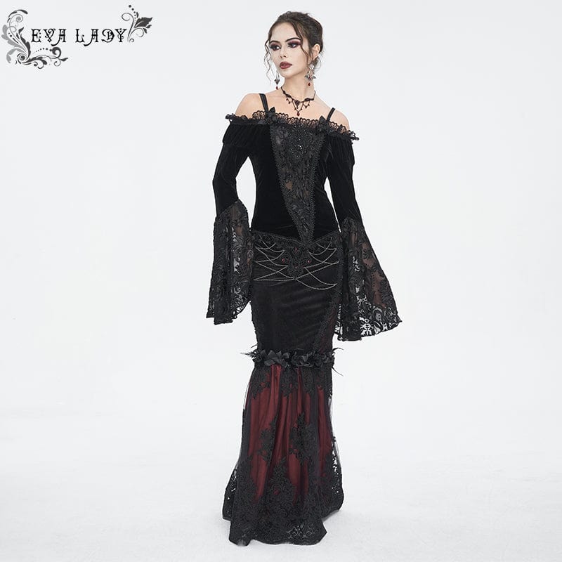 EVA LADY Women's Gothic Floral Embroidered Lace Splice Red Fishtail Skirt