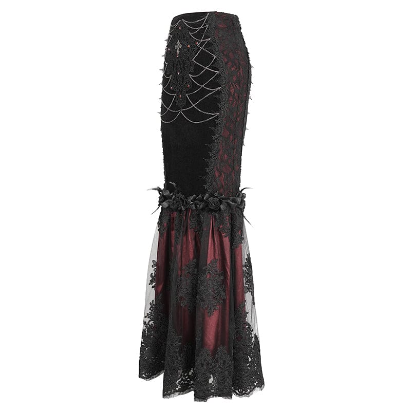 EVA LADY Women's Gothic Floral Embroidered Lace Splice Red Fishtail Skirt