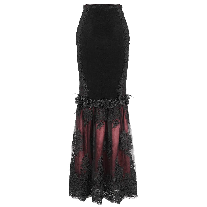EVA LADY Women's Gothic Floral Embroidered Lace Splice Red Fishtail Skirt