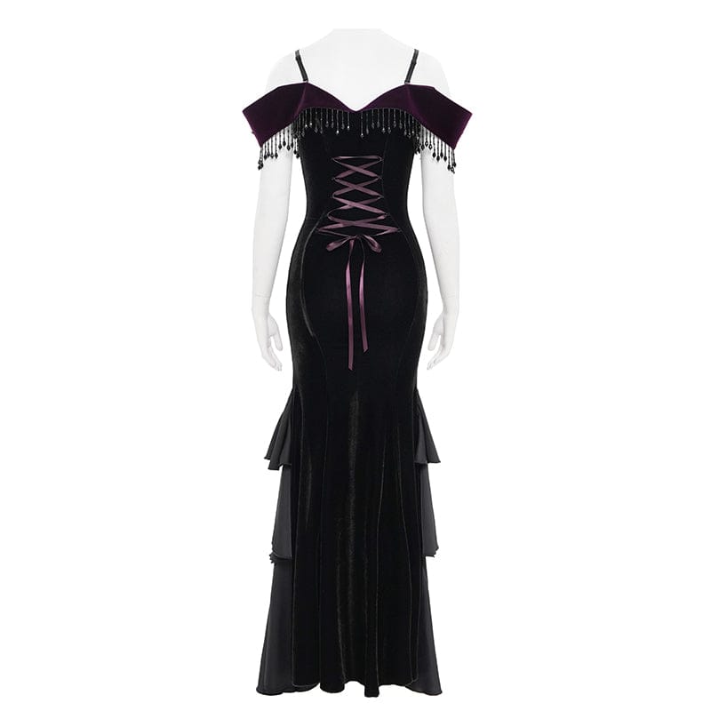 EVA LADY Women's Gothic Floral Embroidered Tassels Off-shoulder Slip Dress Black-Purple