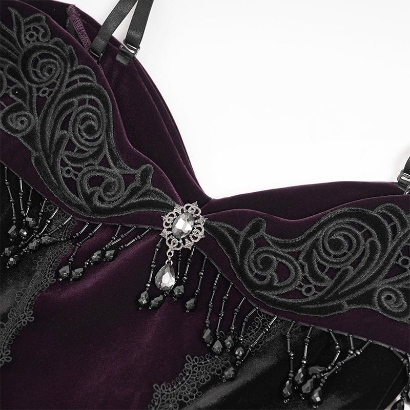 EVA LADY Women's Gothic Floral Embroidered Tassels Off-shoulder Slip Dress Black-Purple