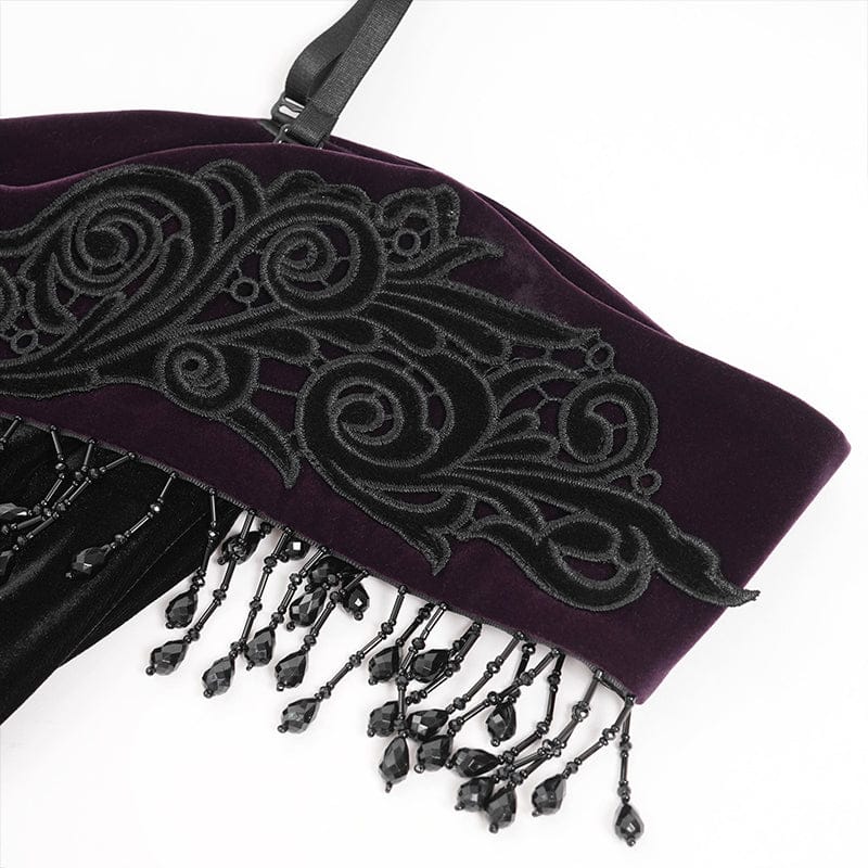 EVA LADY Women's Gothic Floral Embroidered Tassels Off-shoulder Slip Dress Black-Purple