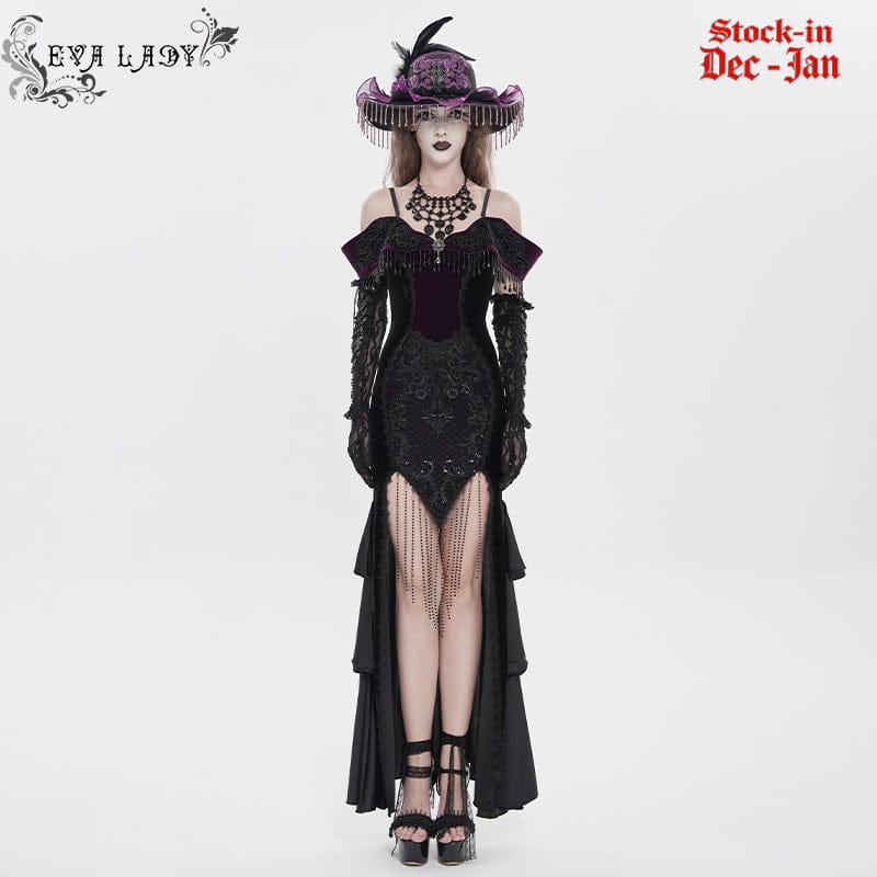 EVA LADY Women's Gothic Floral Embroidered Tassels Off-shoulder Slip Dress Black-Purple