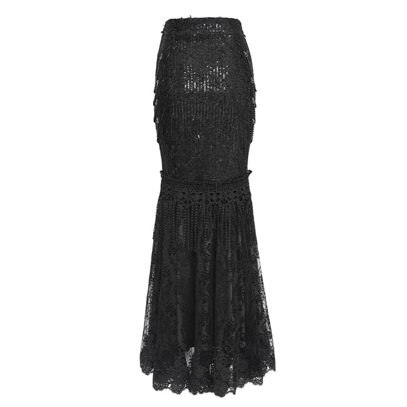 EVA LADY Women's Gothic Floral Lace Beaded Chained Long Skirt Black