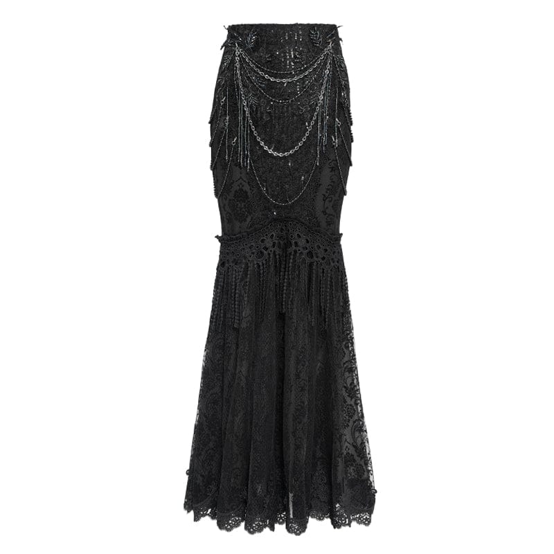 EVA LADY Women's Gothic Floral Lace Beaded Chained Long Skirt Black