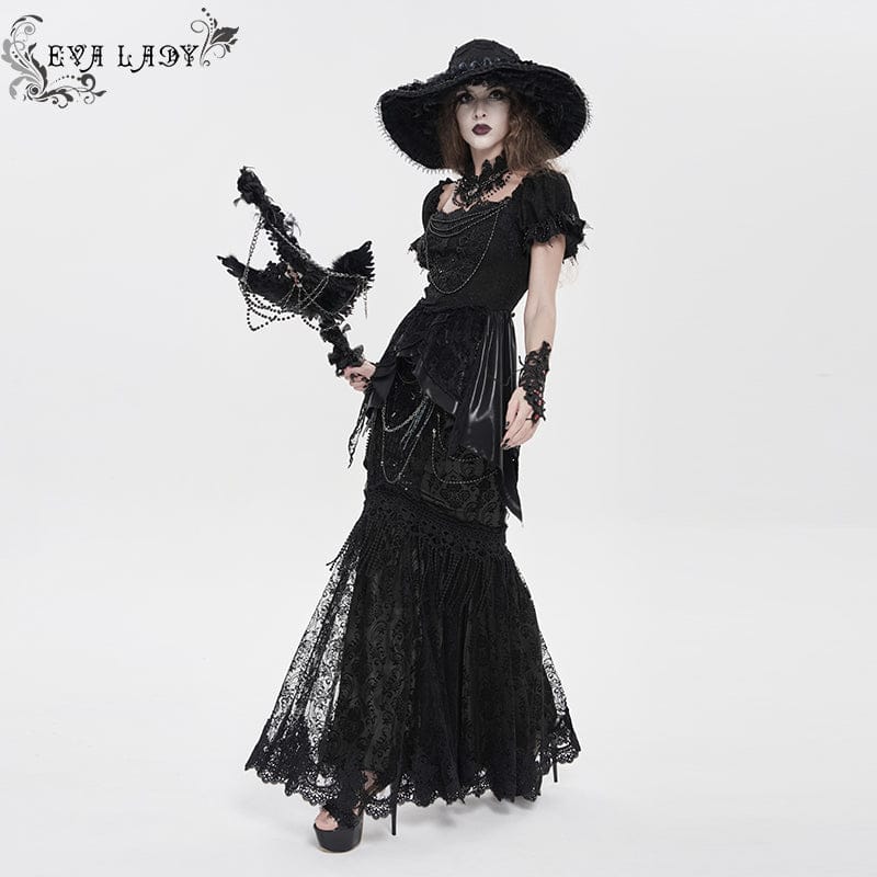 EVA LADY Women's Gothic Floral Lace Beaded Chained Long Skirt Black