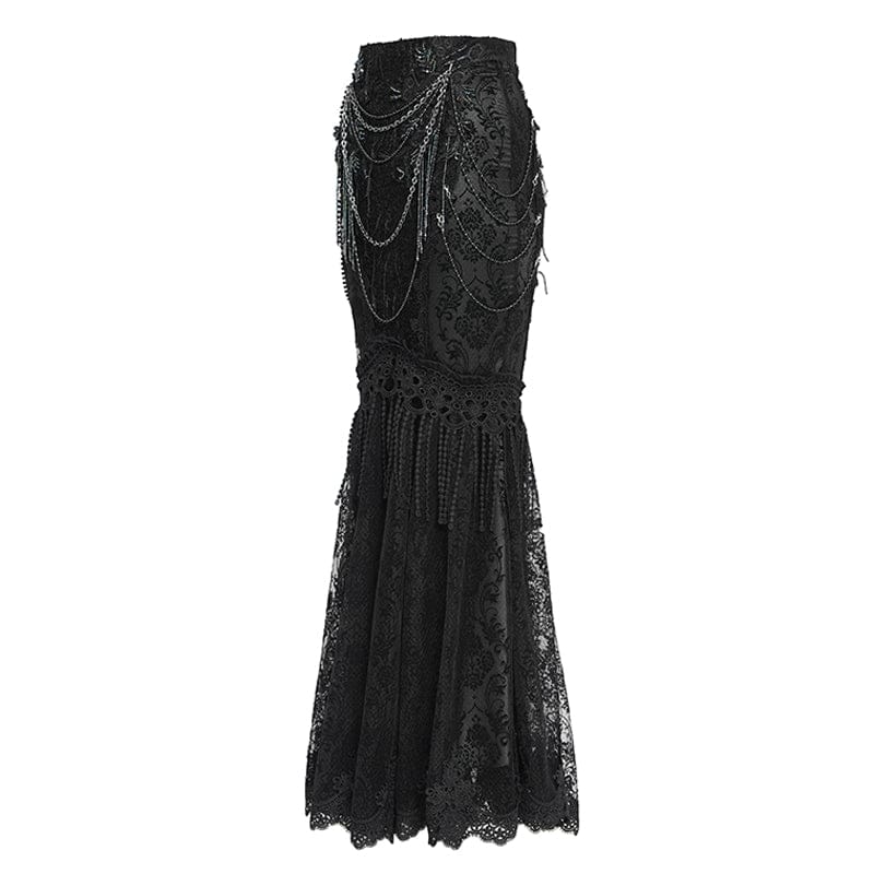 EVA LADY Women's Gothic Floral Lace Beaded Chained Long Skirt Black