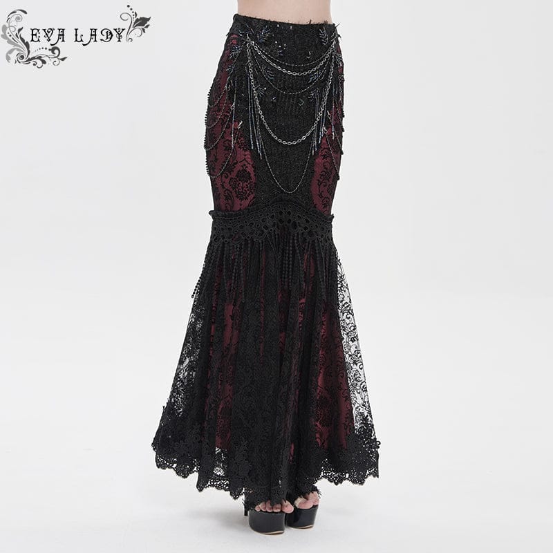 EVA LADY Women's Gothic Floral Lace Beaded Chained Long Skirt Black-Red