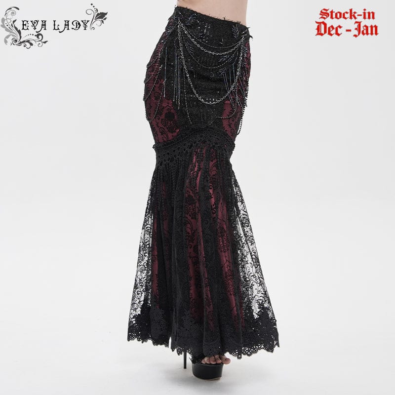 EVA LADY Women's Gothic Floral Lace Beaded Chained Long Skirt Black-Red