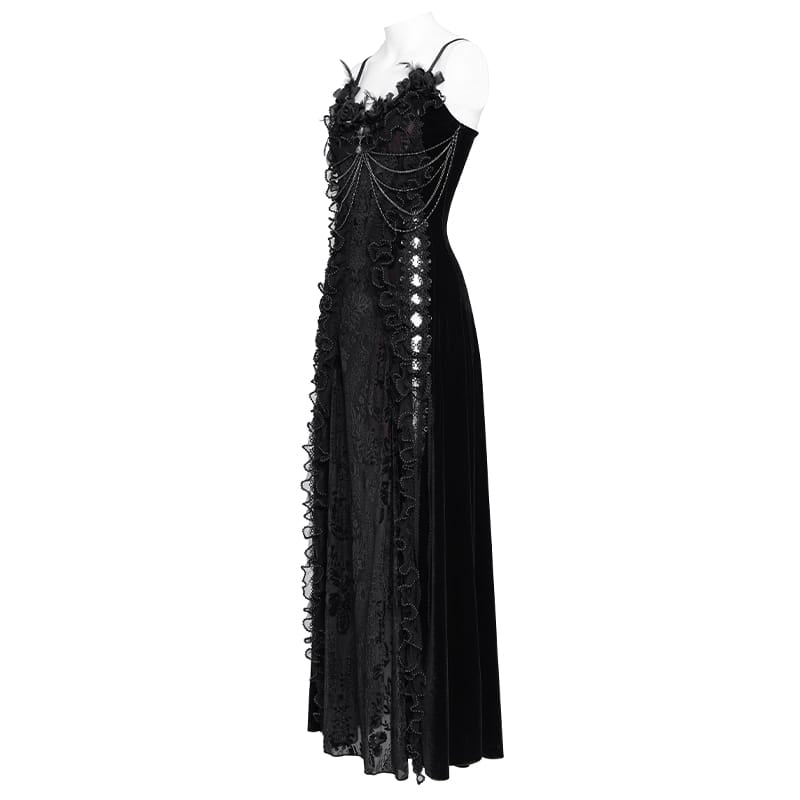 EVA LADY Women's Gothic Floral Side Lace-up Beaded Ruffle Chain  Slip Dress