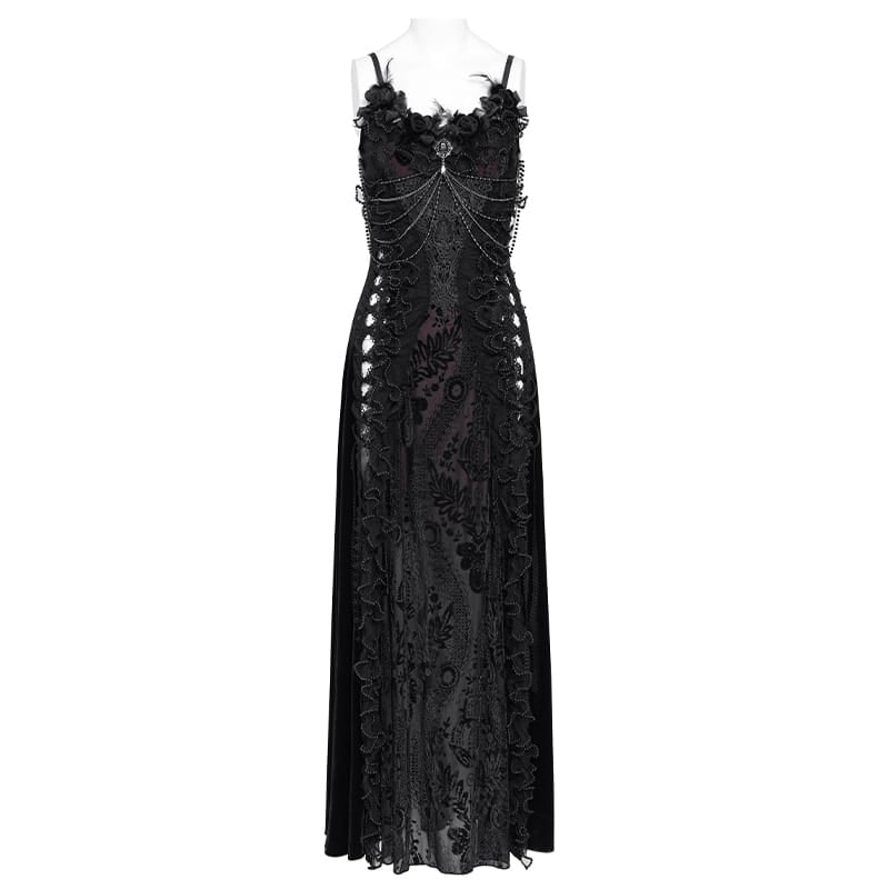 EVA LADY Women's Gothic Floral Side Lace-up Beaded Ruffle Chain  Slip Dress