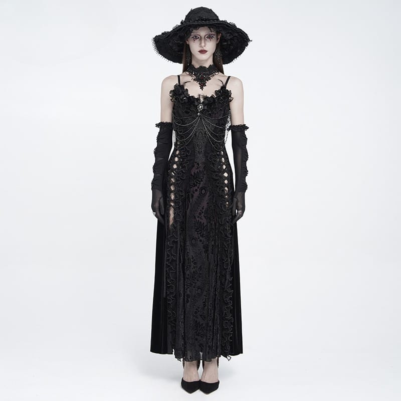 EVA LADY Women's Gothic Floral Side Lace-up Beaded Ruffle Chain  Slip Dress