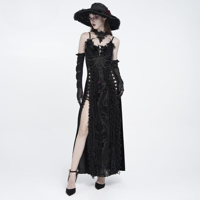 EVA LADY Women's Gothic Floral Side Lace-up Beaded Ruffle Chain  Slip Dress