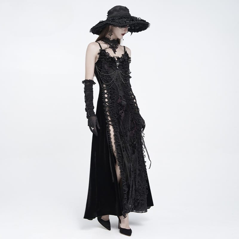 EVA LADY Women's Gothic Floral Side Lace-up Beaded Ruffle Chain  Slip Dress