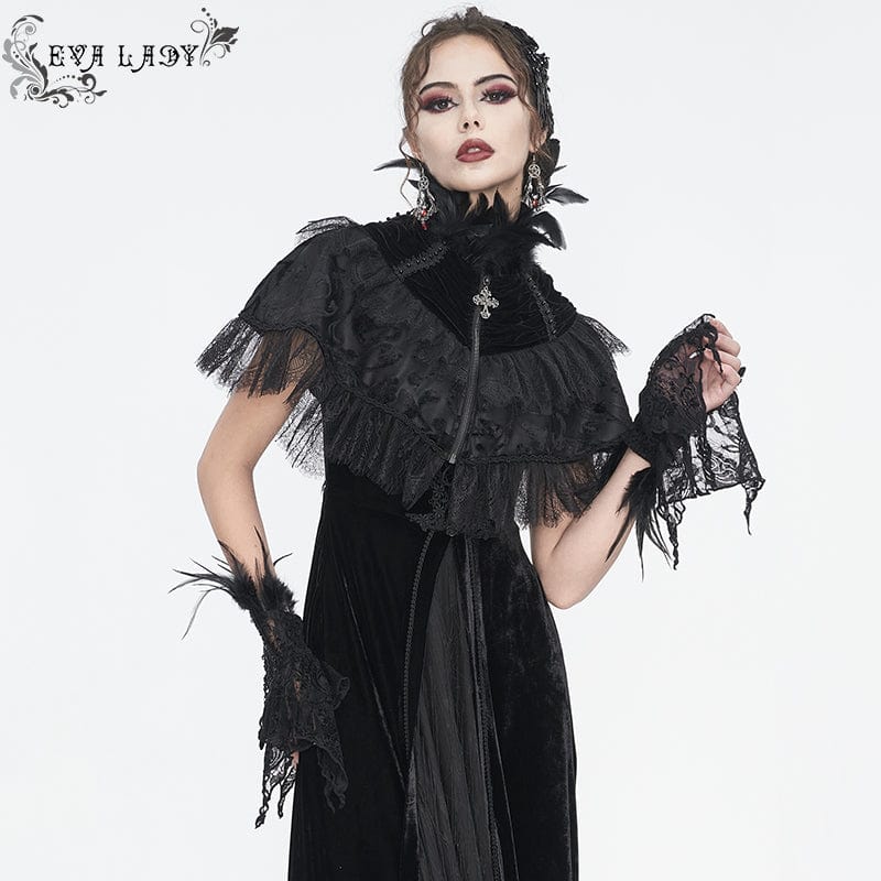 EVA LADY Women's Gothic Irregular Feather Beaded Black Lace Gloves