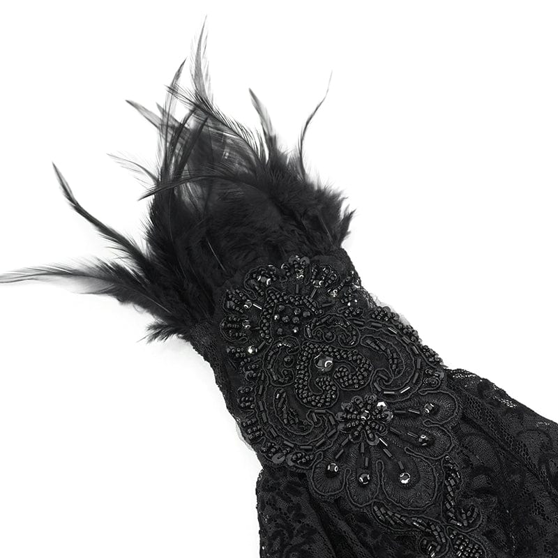 EVA LADY Women's Gothic Irregular Feather Beaded Black Lace Gloves