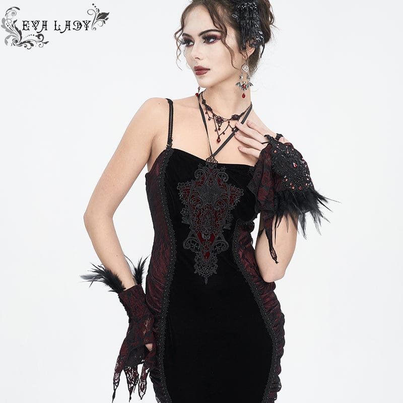 EVA LADY Women's Gothic Irregular Feather Beaded Red Lace Gloves